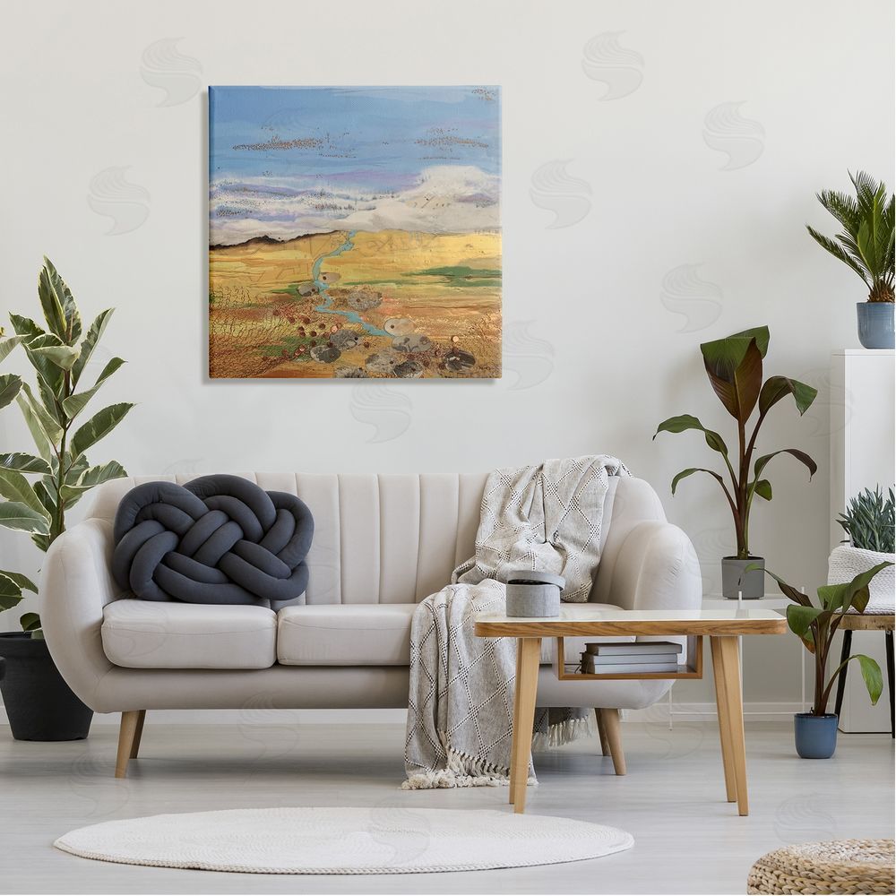Stacy Gresell Vast Grassland Stream Collage Puffy Cloud Sky Canvas Wall Art in Room