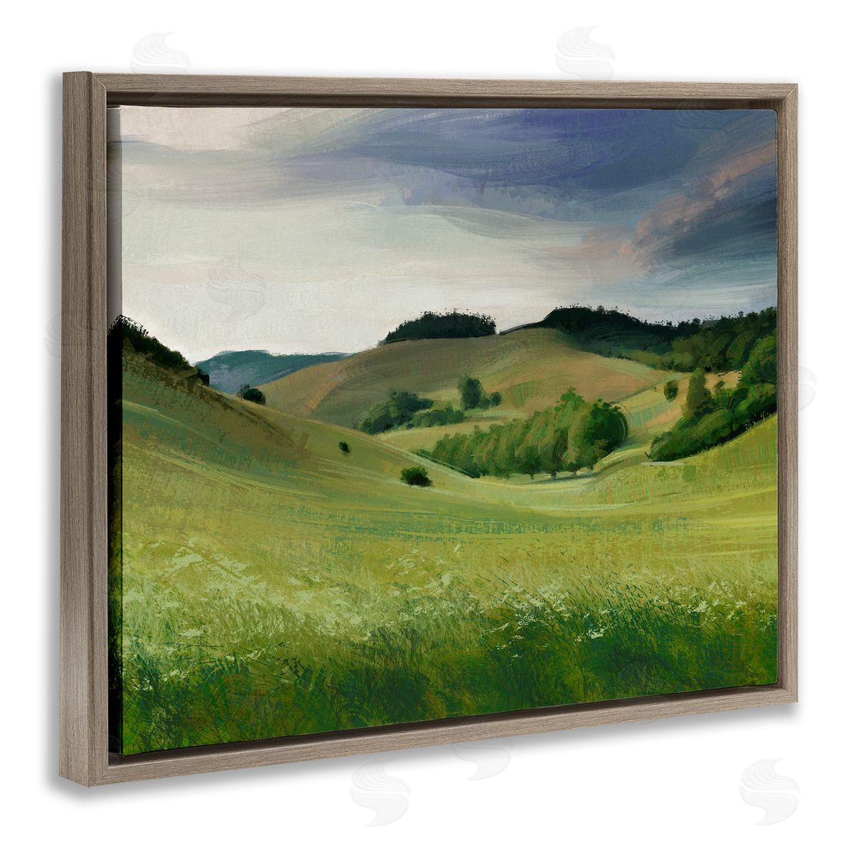 Ziwei Li Rolling Country Hills Green Rural Meadow Fields Brown Floating Frame Canvas Wall Art Print