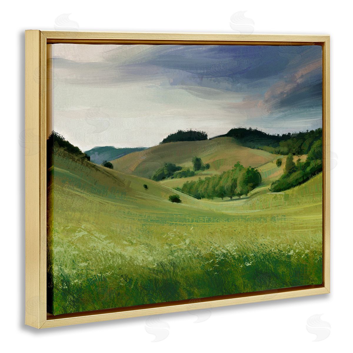 Ziwei Li Rolling Country Hills Green Rural Meadow Fields Gold Floating Frame Canvas Wall Art Print