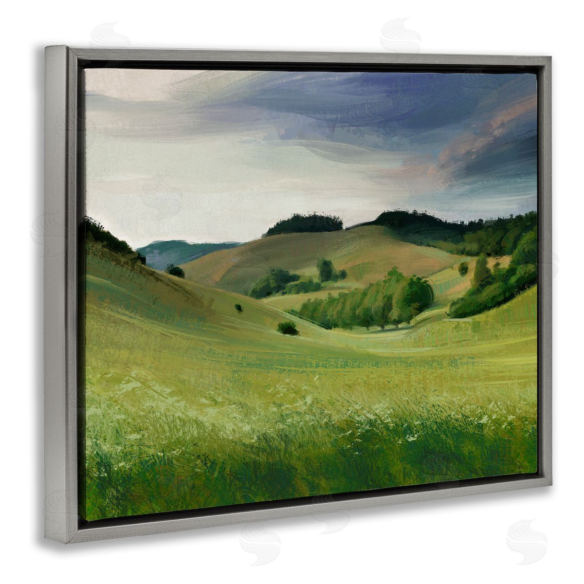 Ziwei Li Rolling Country Hills Green Rural Meadow Fields Gray Floating Frame Canvas Wall Art Print