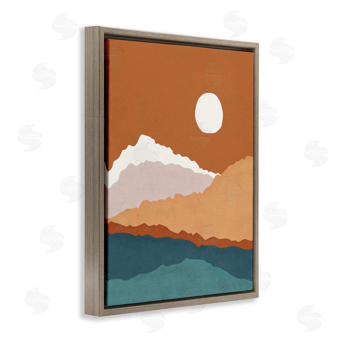 JJ House LLC Abstract Mountain Peaks Round Moon Nature Scene Brown Floating Frame Canvas Wall Art Print