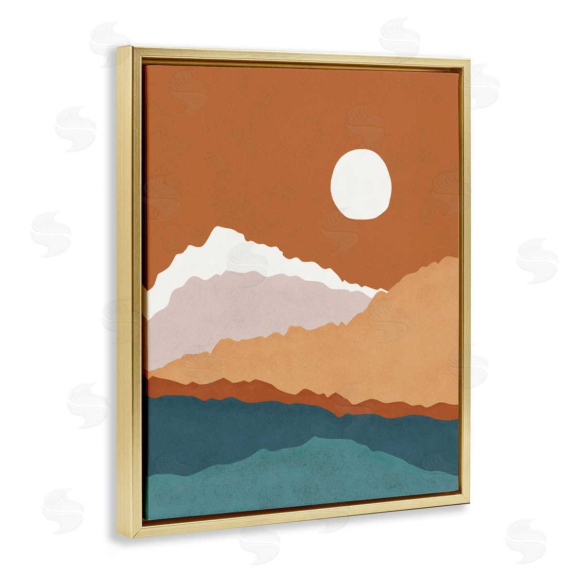 JJ House LLC Abstract Mountain Peaks Round Moon Nature Scene Gold Floating Frame Canvas Wall Art Print