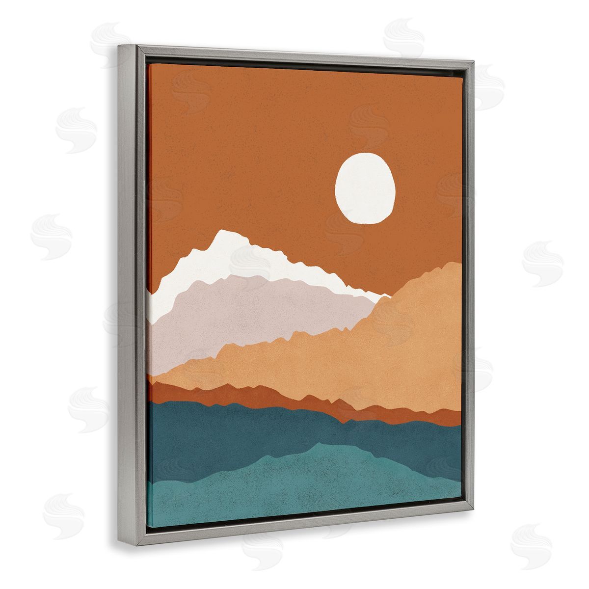 JJ House LLC Abstract Mountain Peaks Round Moon Nature Scene Gray Floating Frame Canvas Wall Art Print