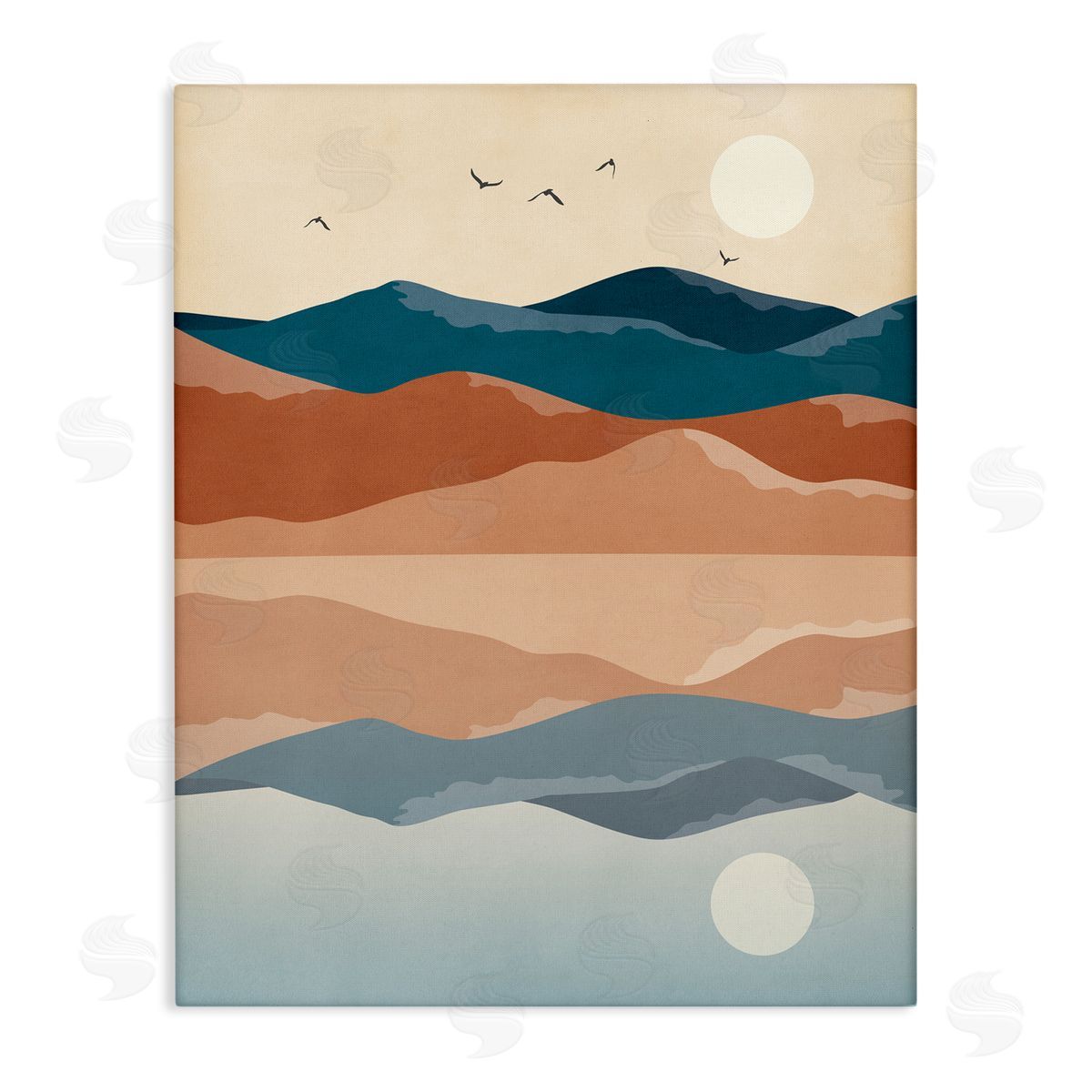 JJ House LLC Birds Flying Over Mountain Peaks Lake Reflection Stretched Canvas Wall Art Print