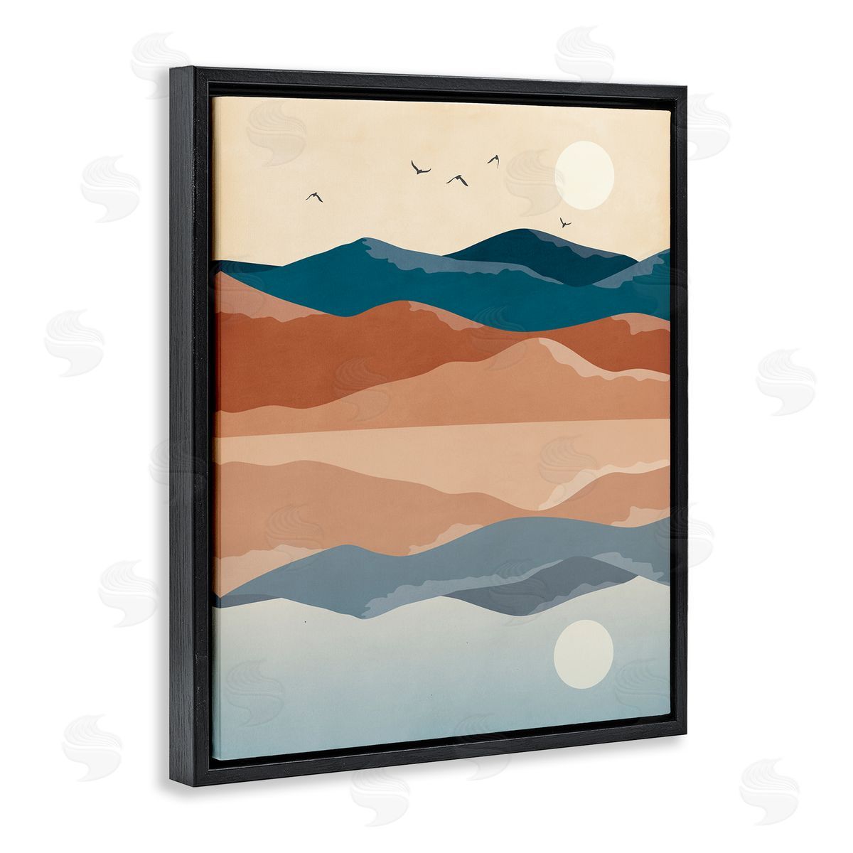 JJ House LLC Birds Flying Over Mountain Peaks Lake Reflection Black Floating Frame Canvas Wall Art Print
