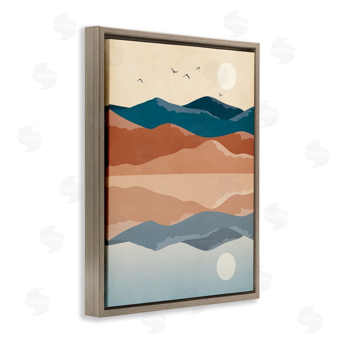 JJ House LLC Birds Flying Over Mountain Peaks Lake Reflection Brown Floating Frame Canvas Wall Art Print