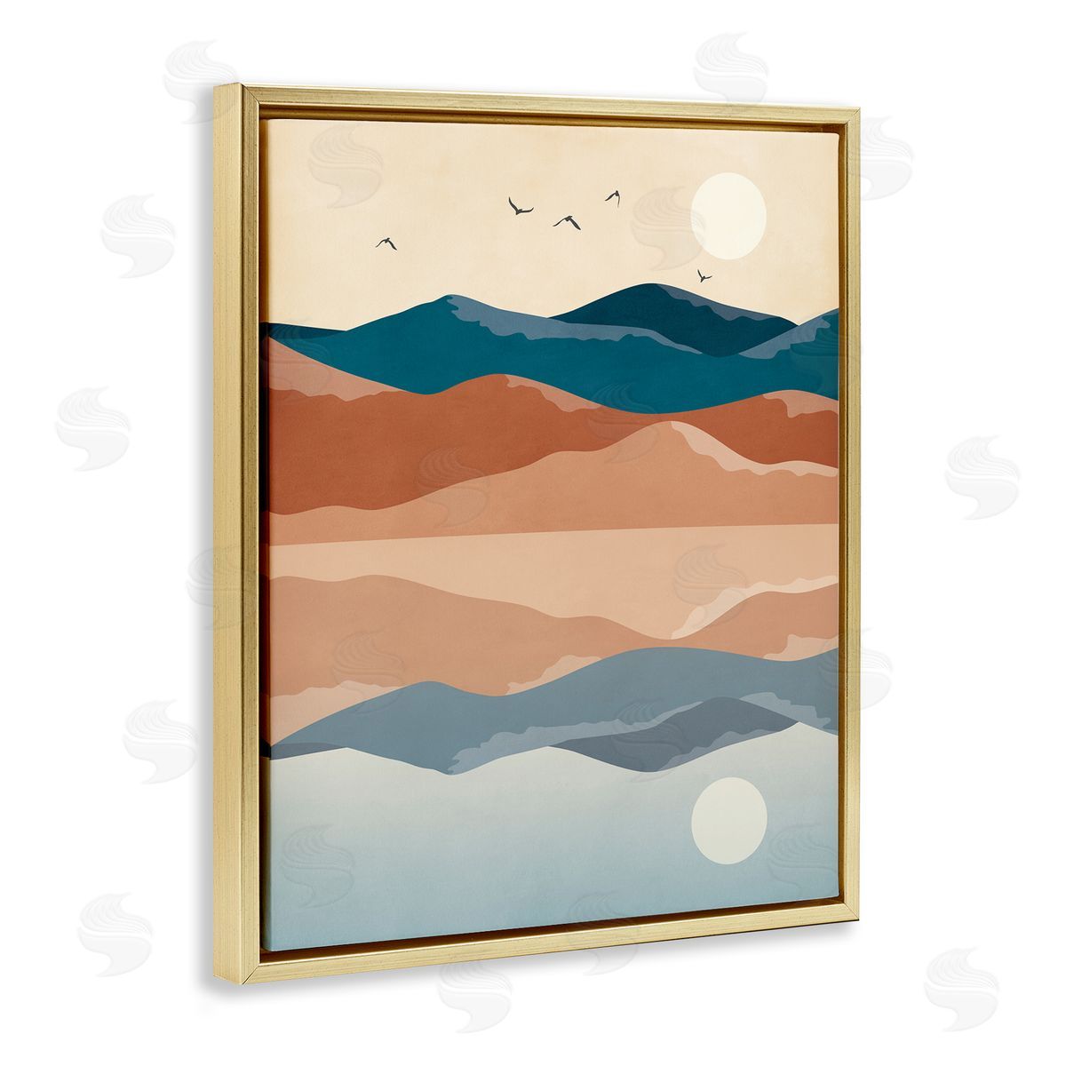JJ House LLC Birds Flying Over Mountain Peaks Lake Reflection Gold Floating Frame Canvas Wall Art Print