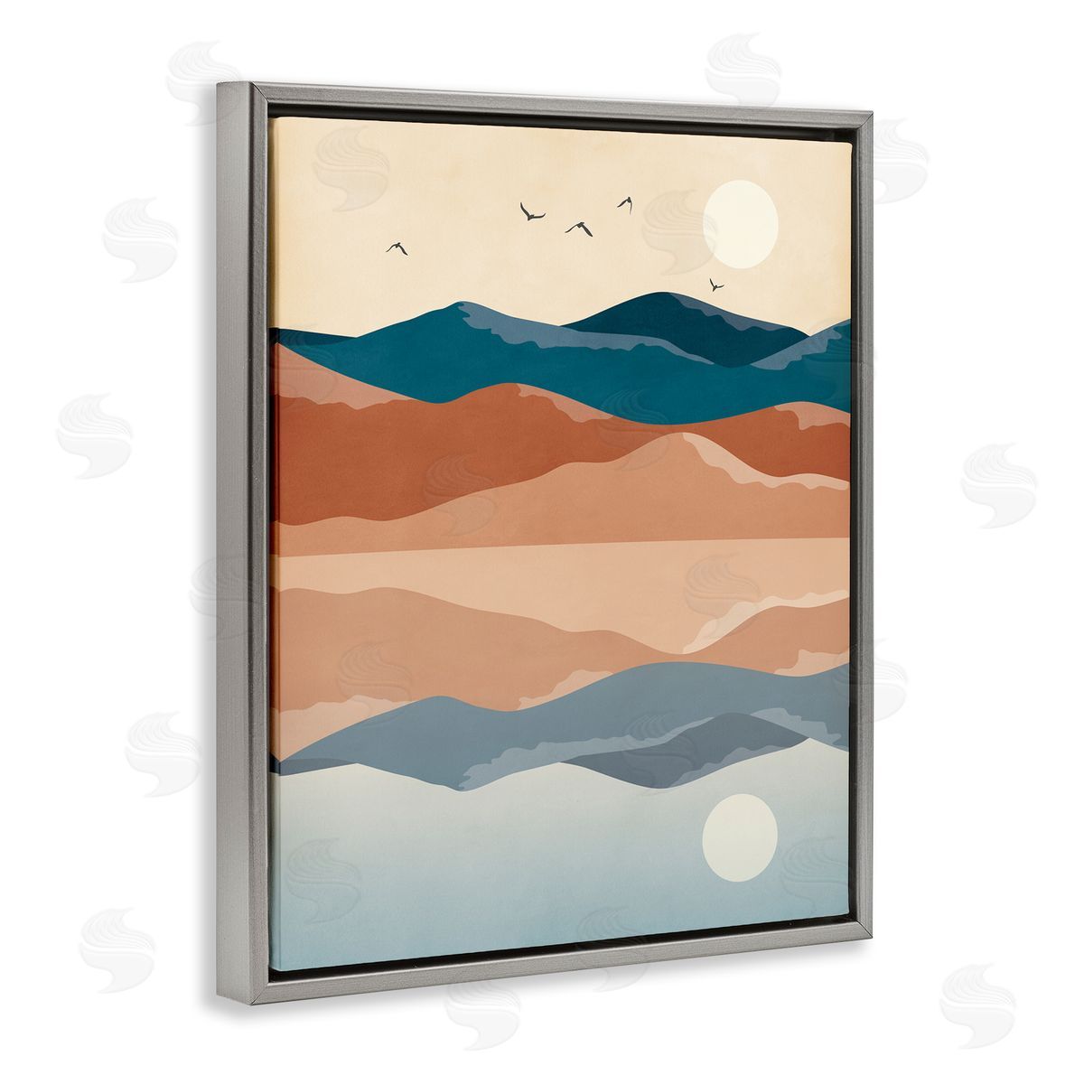 JJ House LLC Birds Flying Over Mountain Peaks Lake Reflection Gray Floating Frame Canvas Wall Art Print