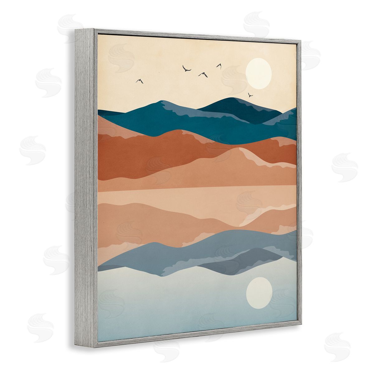 JJ House LLC Birds Flying Over Mountain Peaks Lake Reflection Gray Framed Giclee Wall Art Print