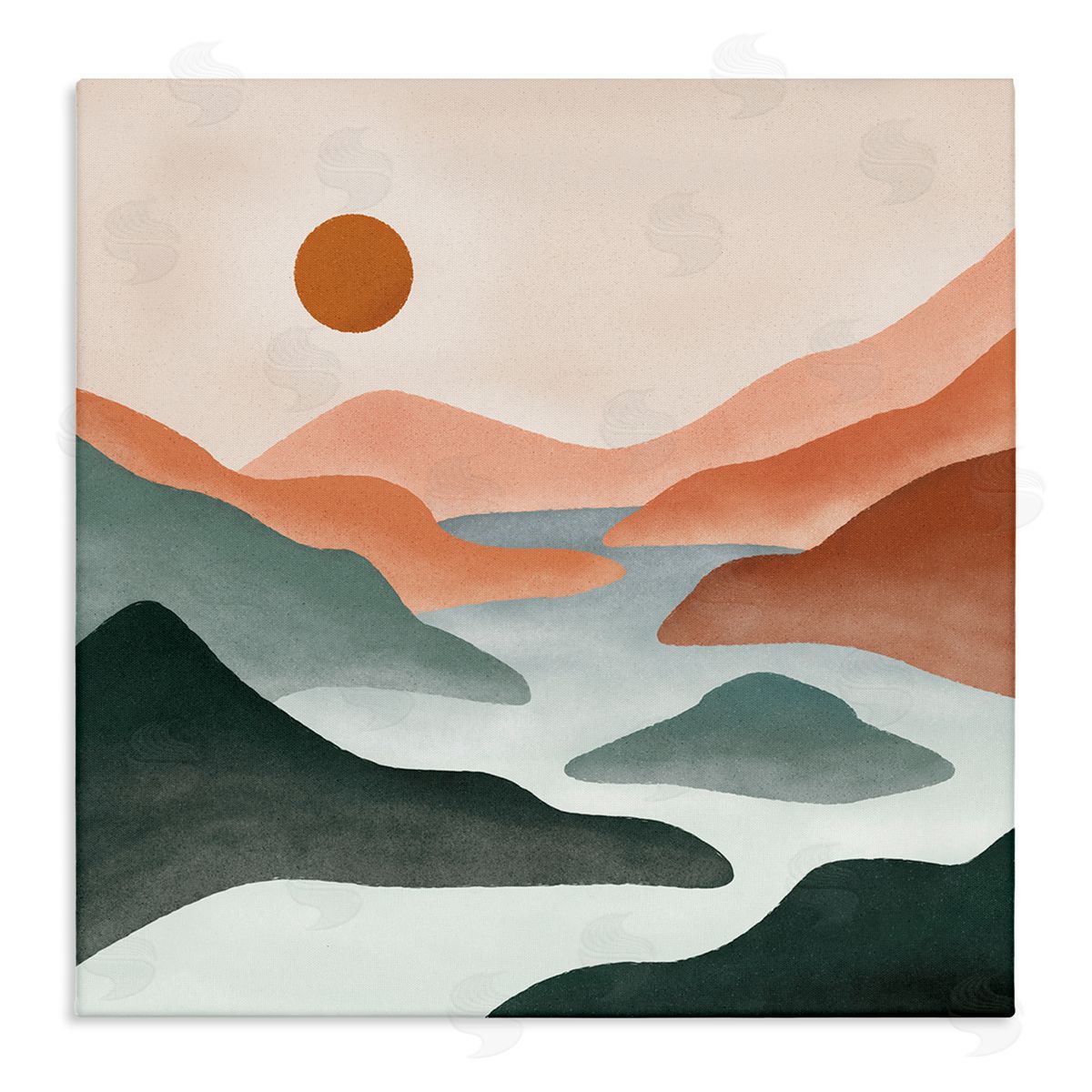 JJ Design House LLC River Flowing Between Modern Valley Landscape Stretched Canvas Wall Art Print