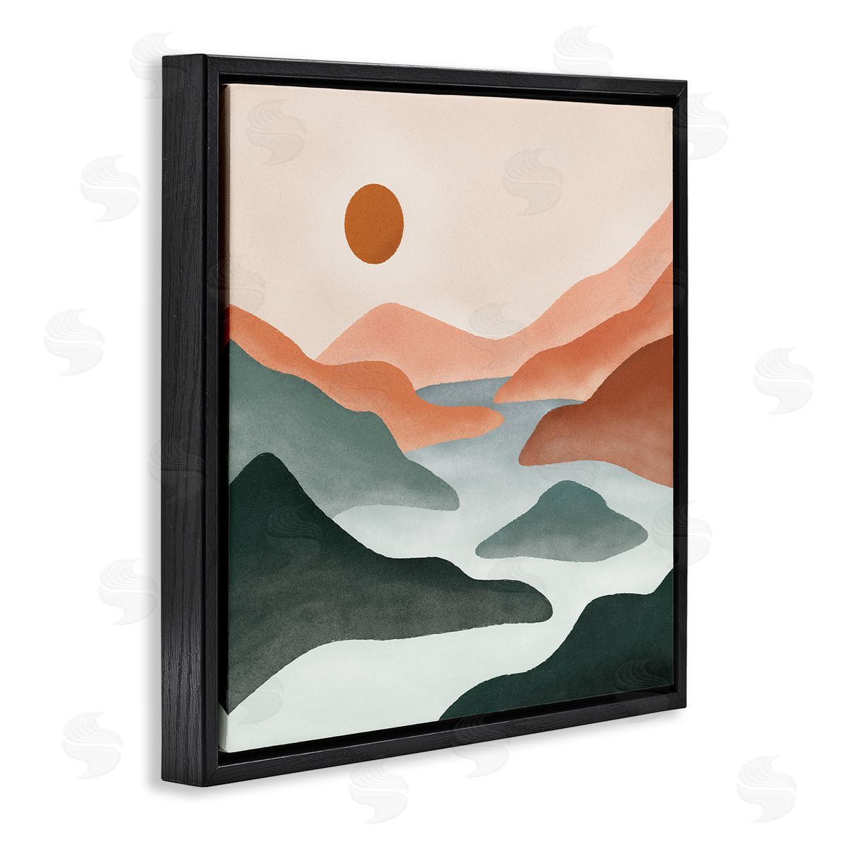 JJ Design House LLC River Flowing Between Modern Valley Landscape Black Floating Frame Canvas Wall Art Print