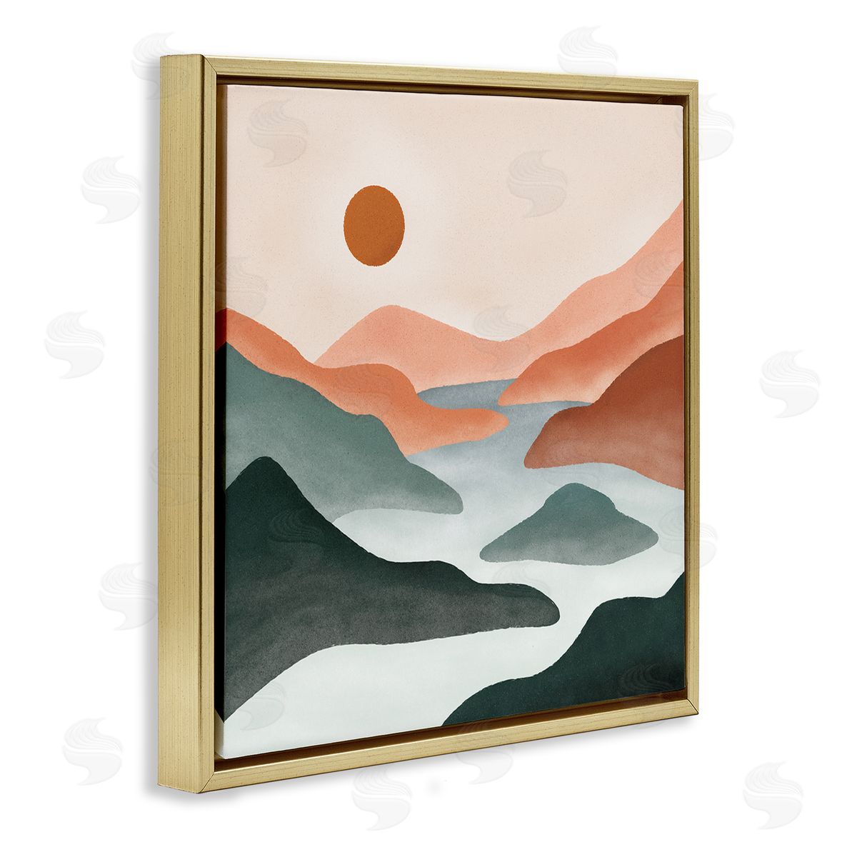 JJ Design House LLC River Flowing Between Modern Valley Landscape Gold Floating Frame Canvas Wall Art Print