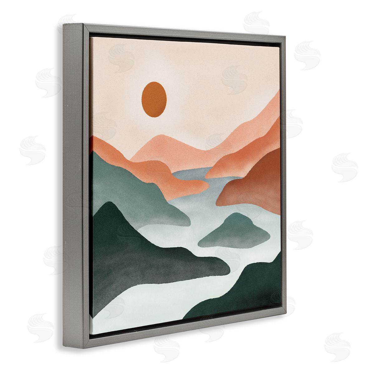 JJ Design House LLC River Flowing Between Modern Valley Landscape Gray Floating Frame Canvas Wall Art Print