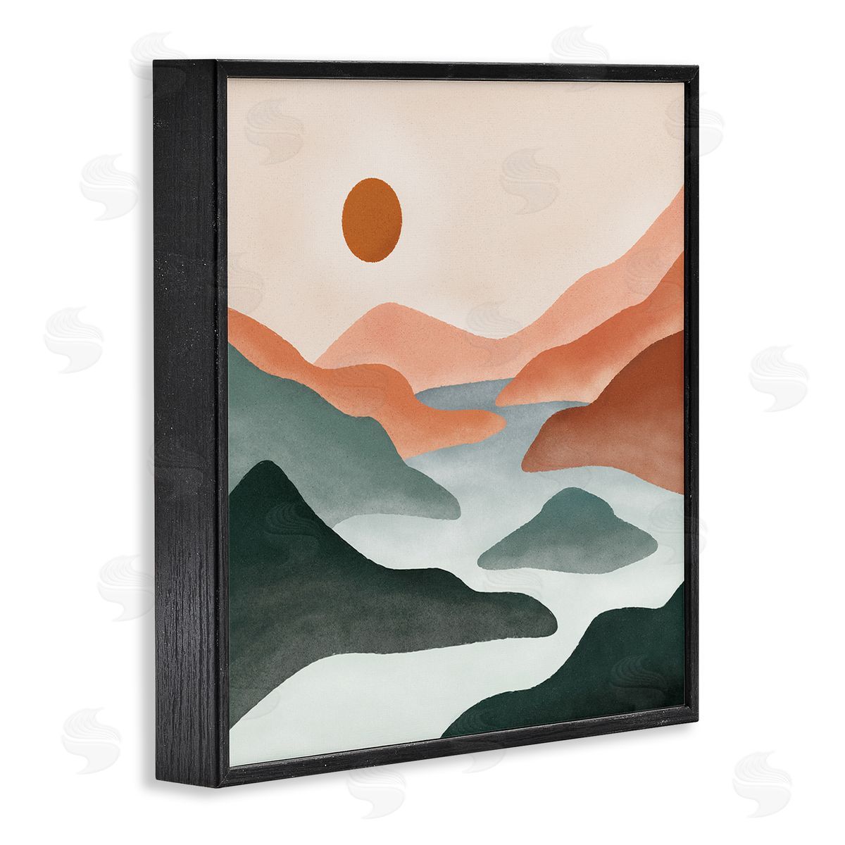 JJ Design House LLC River Flowing Between Modern Valley Landscape Black Framed Glicee Wall Art Print