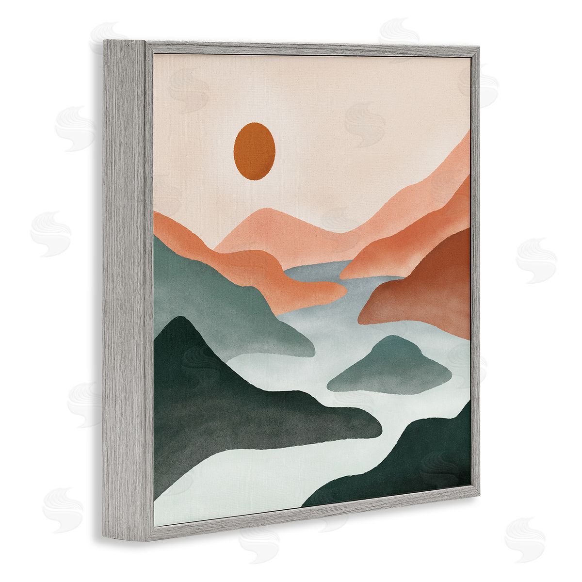 JJ Design House LLC River Flowing Between Modern Valley Landscape Gray Framed Glicee Wall Art Print
