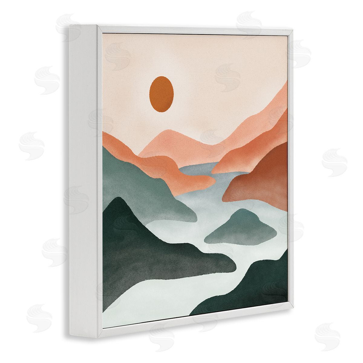 JJ Design House LLC River Flowing Between Modern Valley Landscape White Framed Glicee Wall Art Print