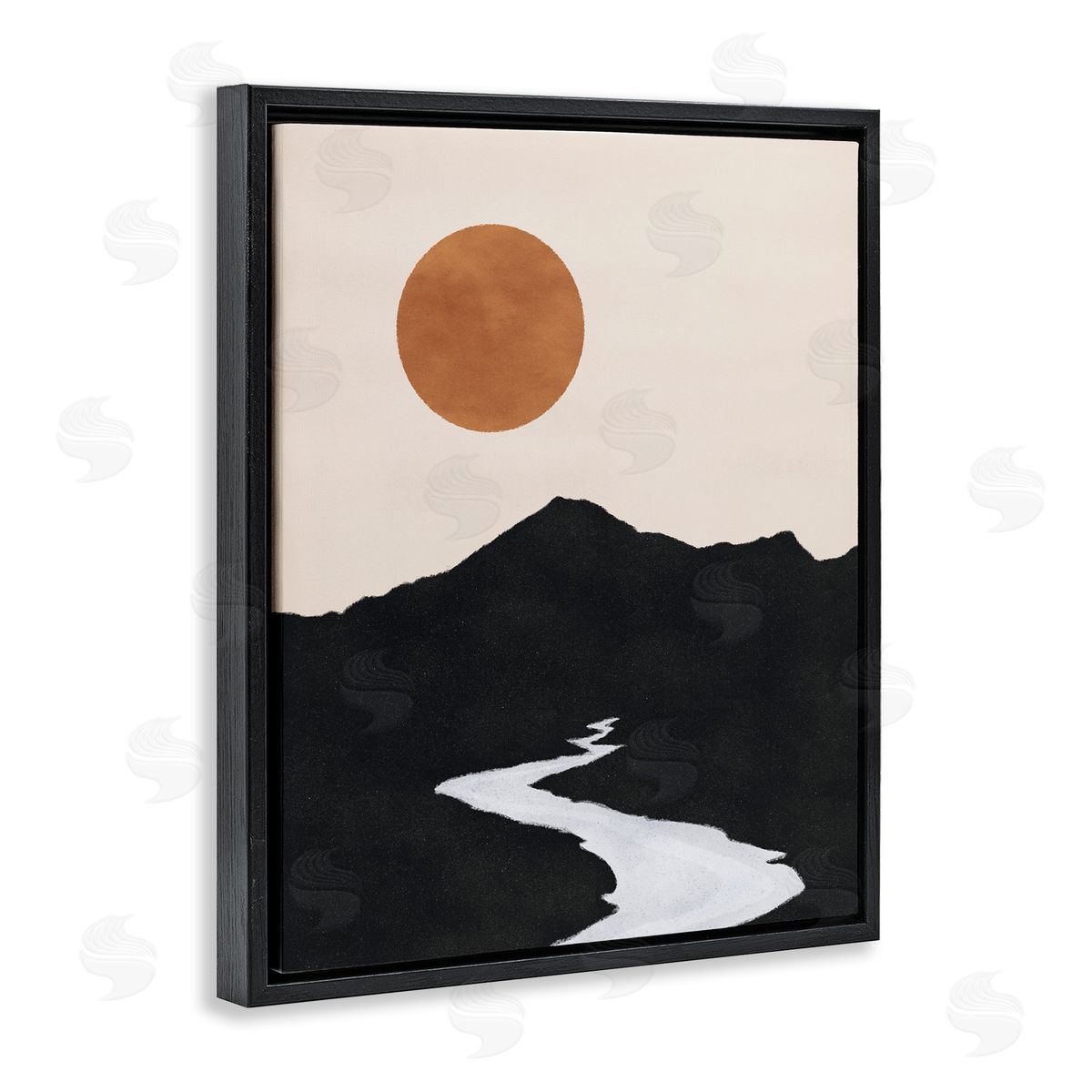 JJ House LLC Receding Stream Into Distant Mountain Ochre Sun Black Floating Frame Canvas Wall Art Print