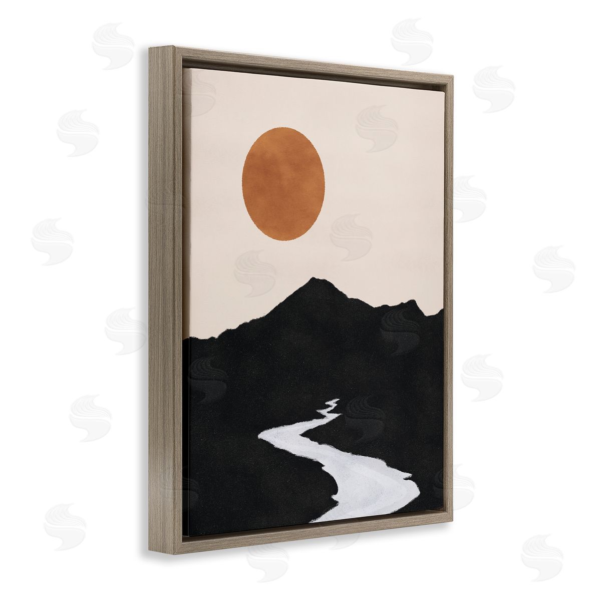 JJ House LLC Receding Stream Into Distant Mountain Ochre Sun Brown Floating Frame Canvas Wall Art Print