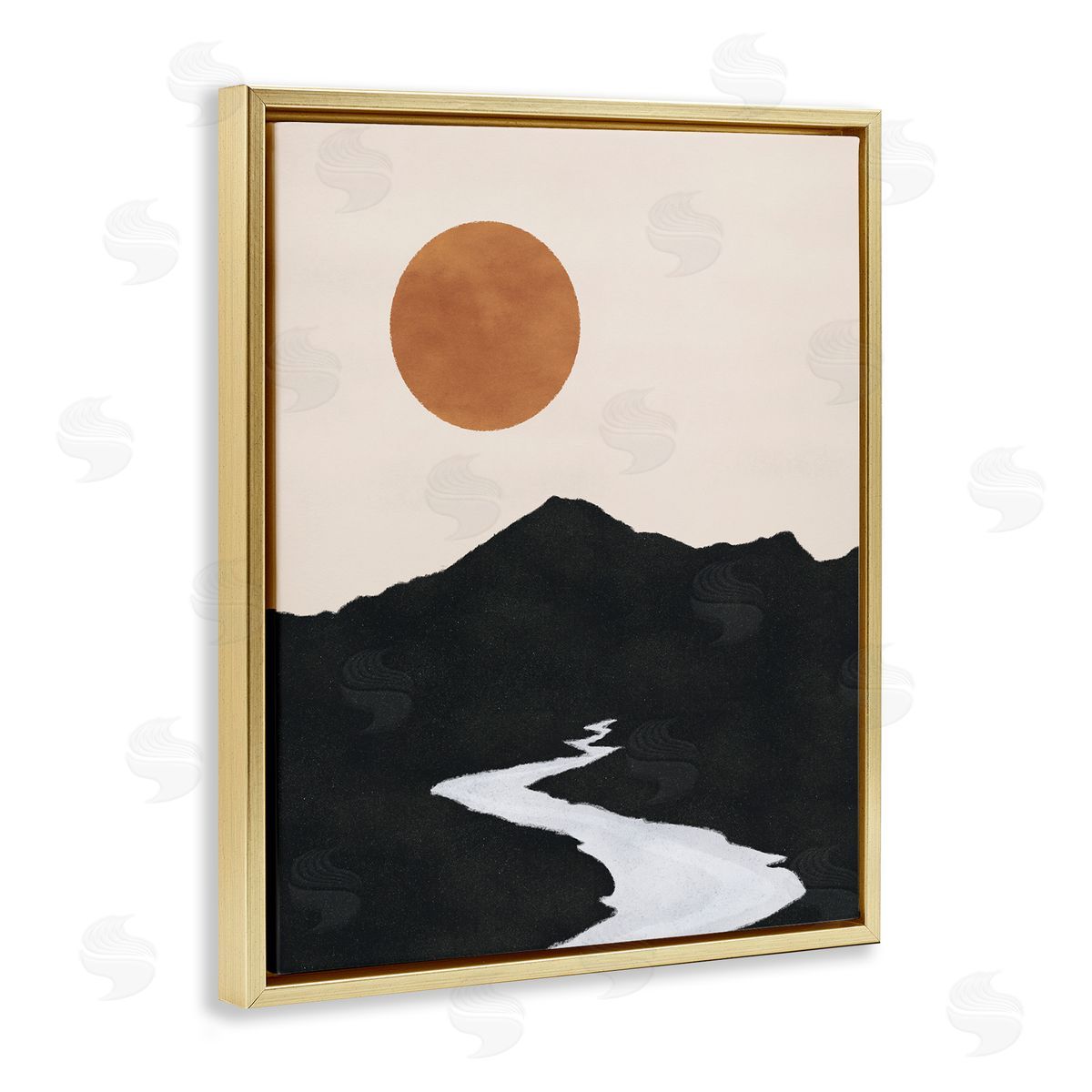 JJ House LLC Receding Stream Into Distant Mountain Ochre Sun Gold Floating Frame Canvas Wall Art Print
