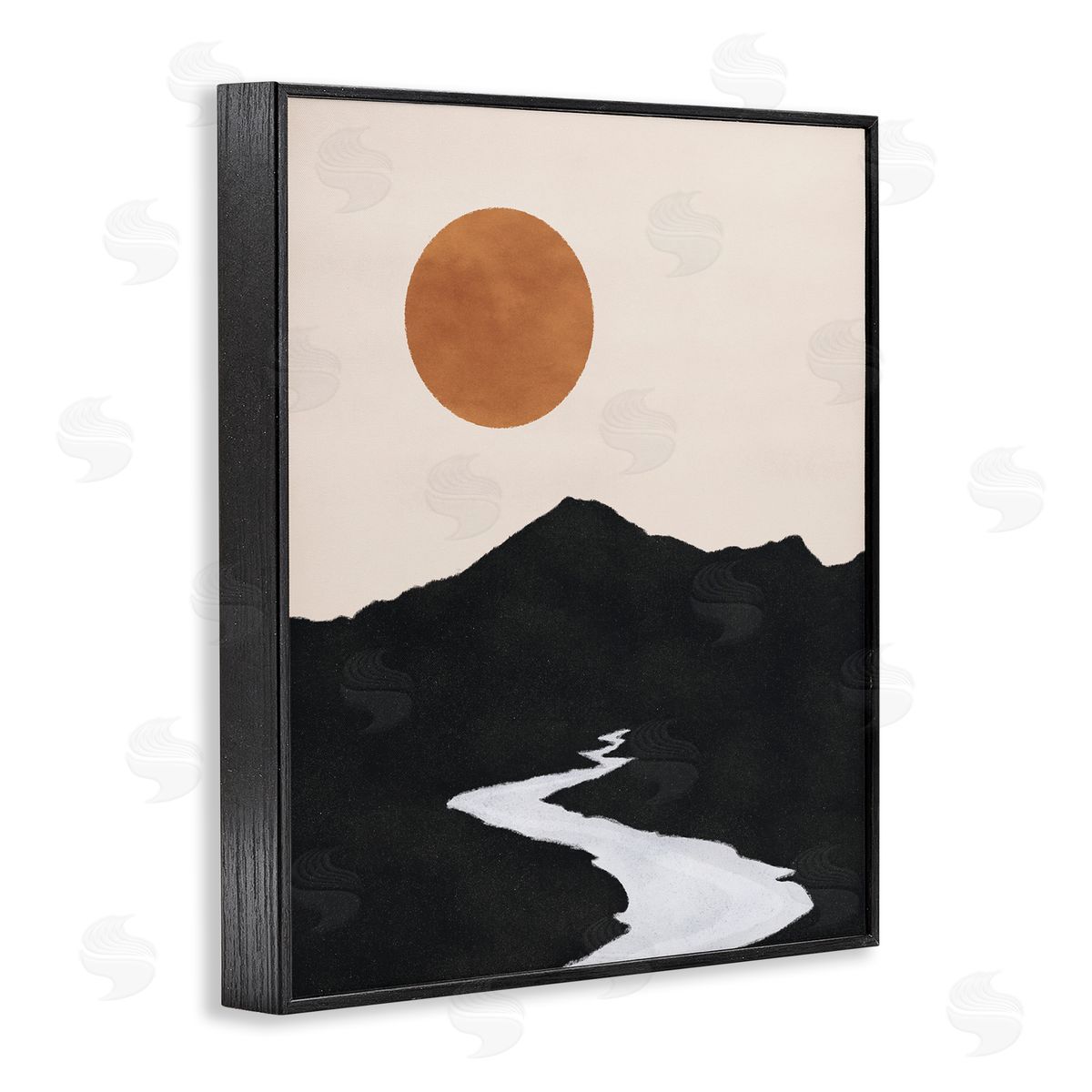 JJ House LLC Receding Stream Into Distant Mountain Ochre Sun Black Framed Giclee Wall Art Print