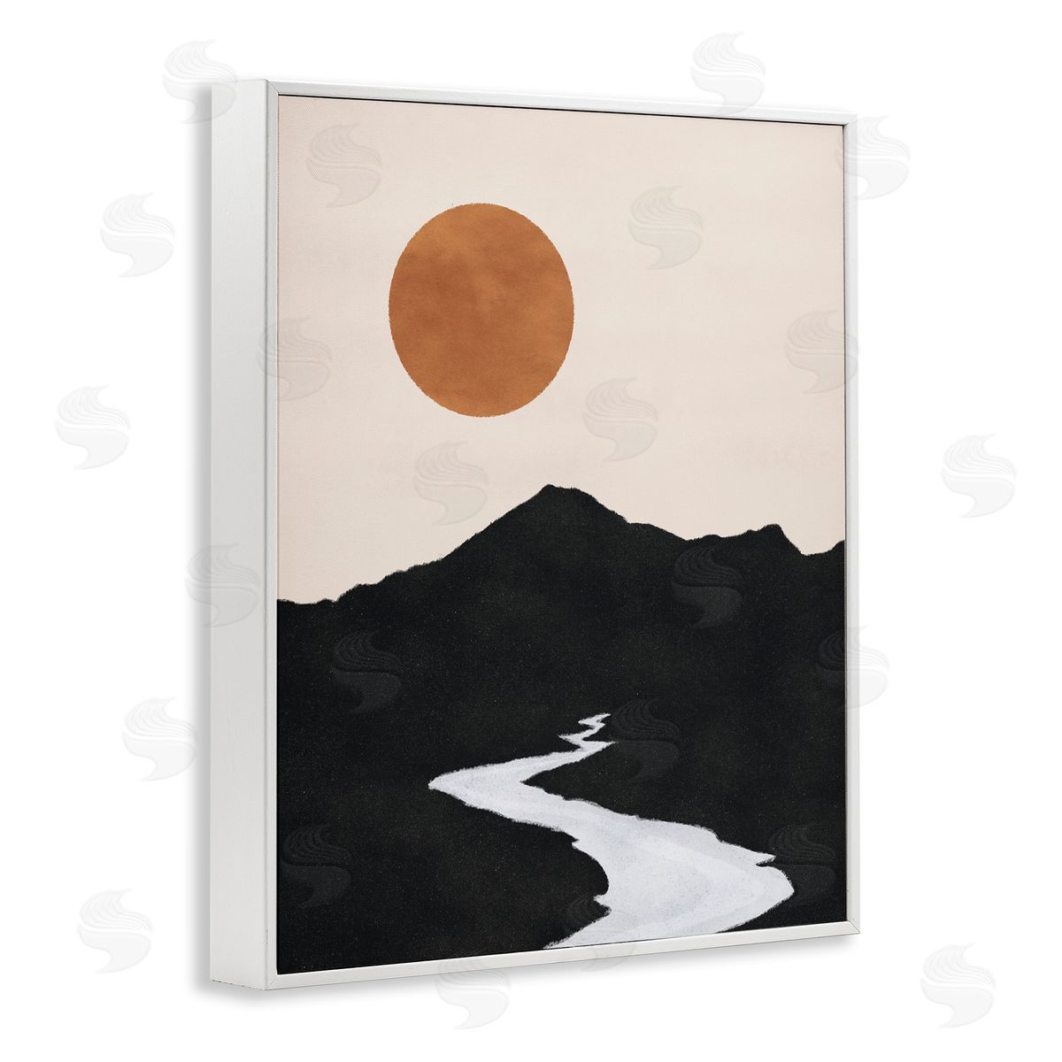 JJ House LLC Receding Stream Into Distant Mountain Ochre Sun White Framed Giclee Wall Art Print