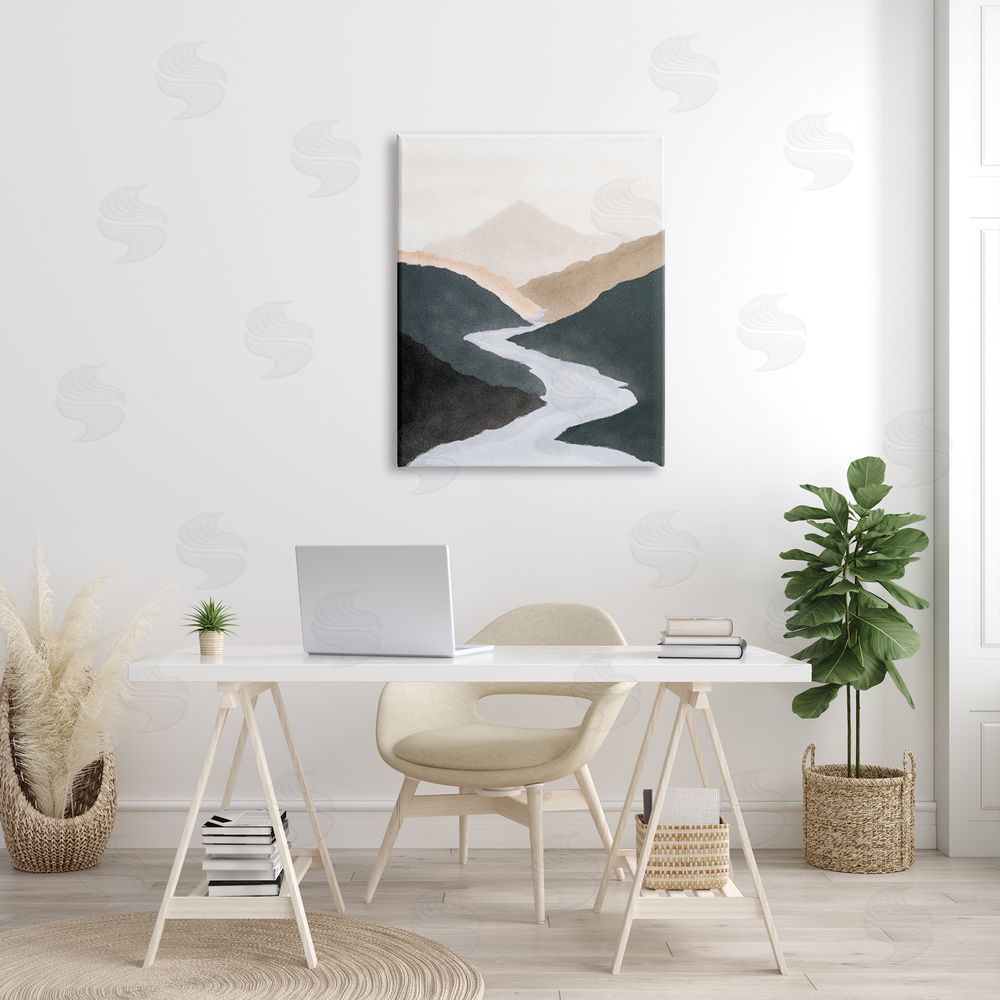 JJ House LLC Flowing River Nature Landscape Foggy Distant Mountain  Canvas Wall Art Print in Room