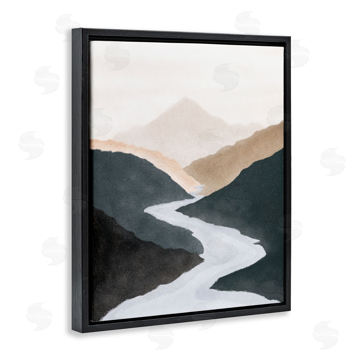 JJ House LLC Flowing River Nature Landscape Foggy Distant Mountain  Black Floating Frame Canvas Wall Art Print