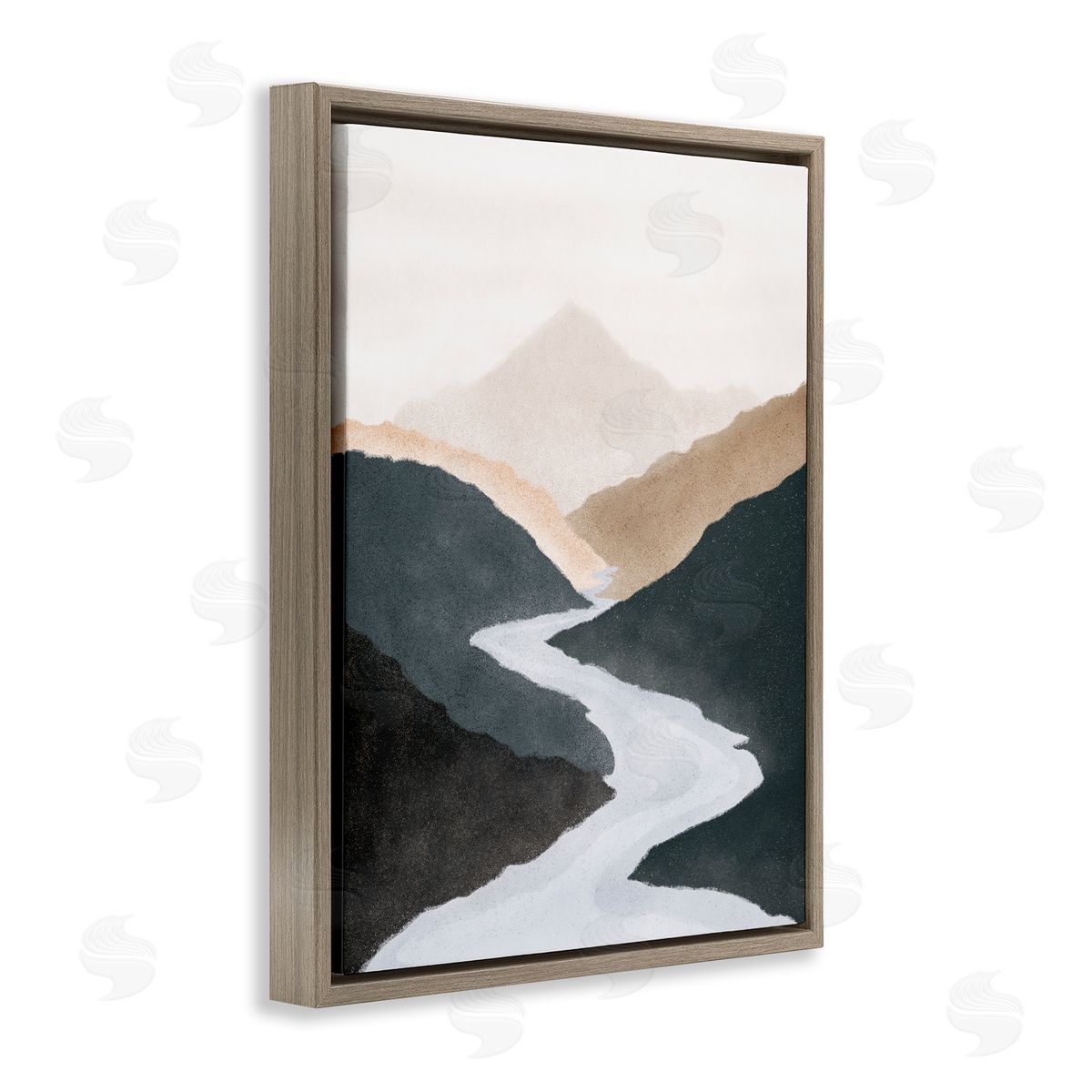 JJ House LLC Flowing River Nature Landscape Foggy Distant Mountain  Brown Floating Frame Canvas Wall Art Print