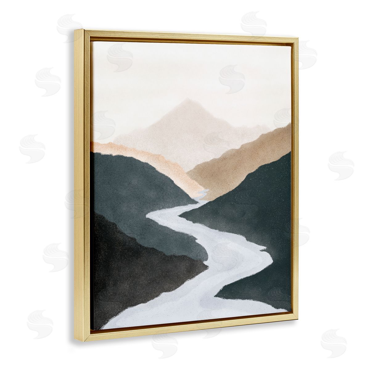 JJ House LLC Flowing River Nature Landscape Foggy Distant Mountain  Gold Floating Frame Canvas Wall Art Print