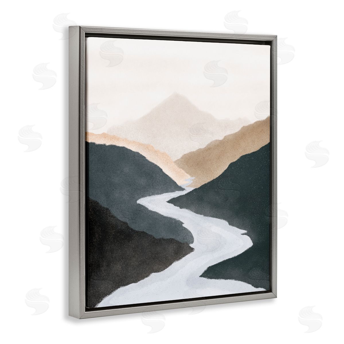 JJ House LLC Flowing River Nature Landscape Foggy Distant Mountain  Gray Floating Frame Canvas Wall Art Print