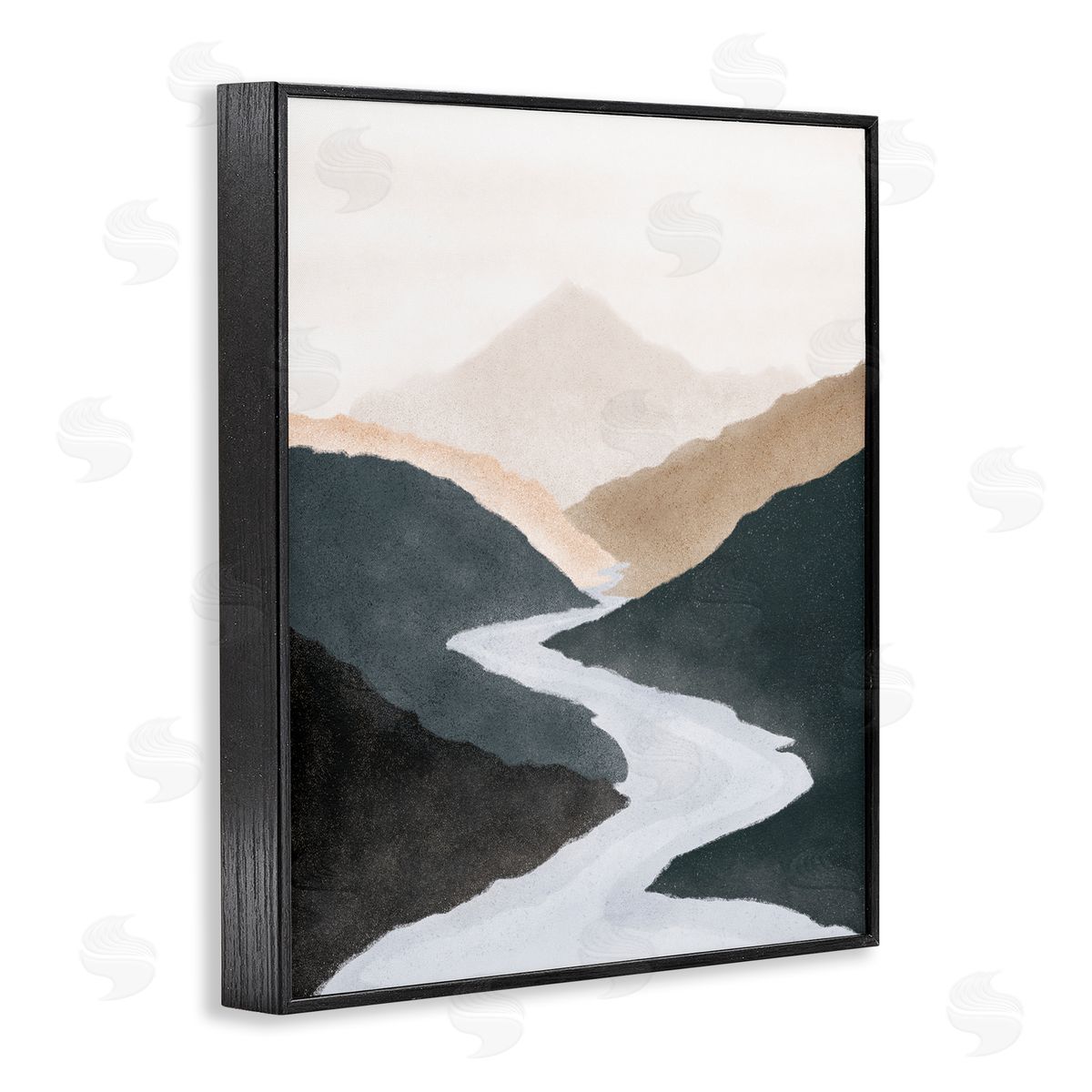 JJ House LLC Flowing River Nature Landscape Foggy Distant Mountain  Black Framed Giclee Wall Art Print