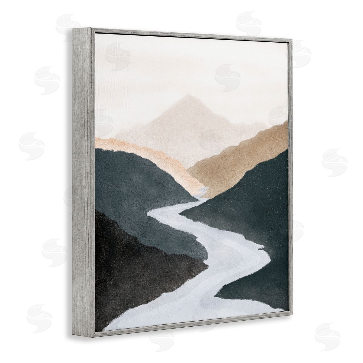 JJ House LLC Flowing River Nature Landscape Foggy Distant Mountain  Gray Framed Giclee Wall Art Print