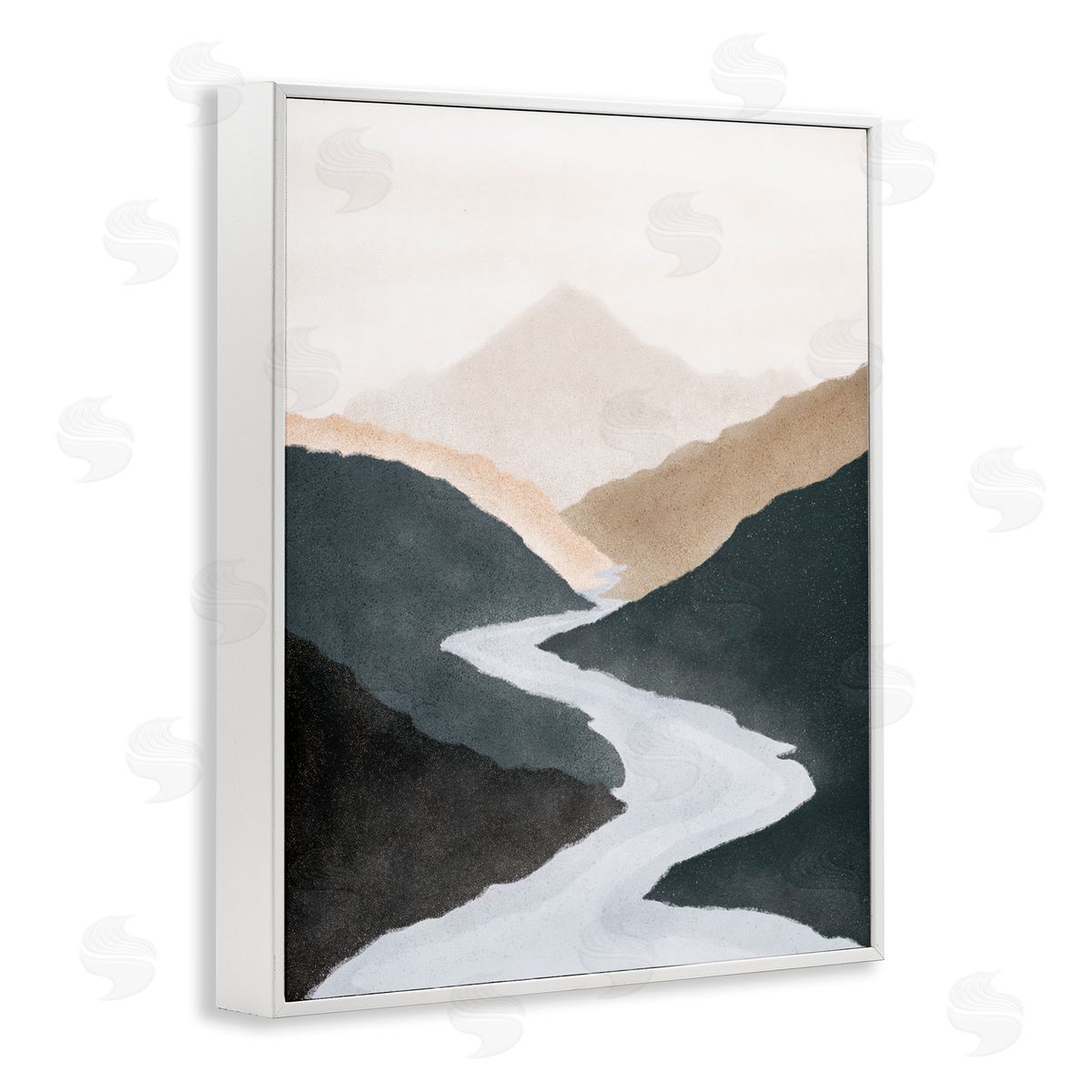 JJ House LLC Flowing River Nature Landscape Foggy Distant Mountain  White Framed Giclee Wall Art Print