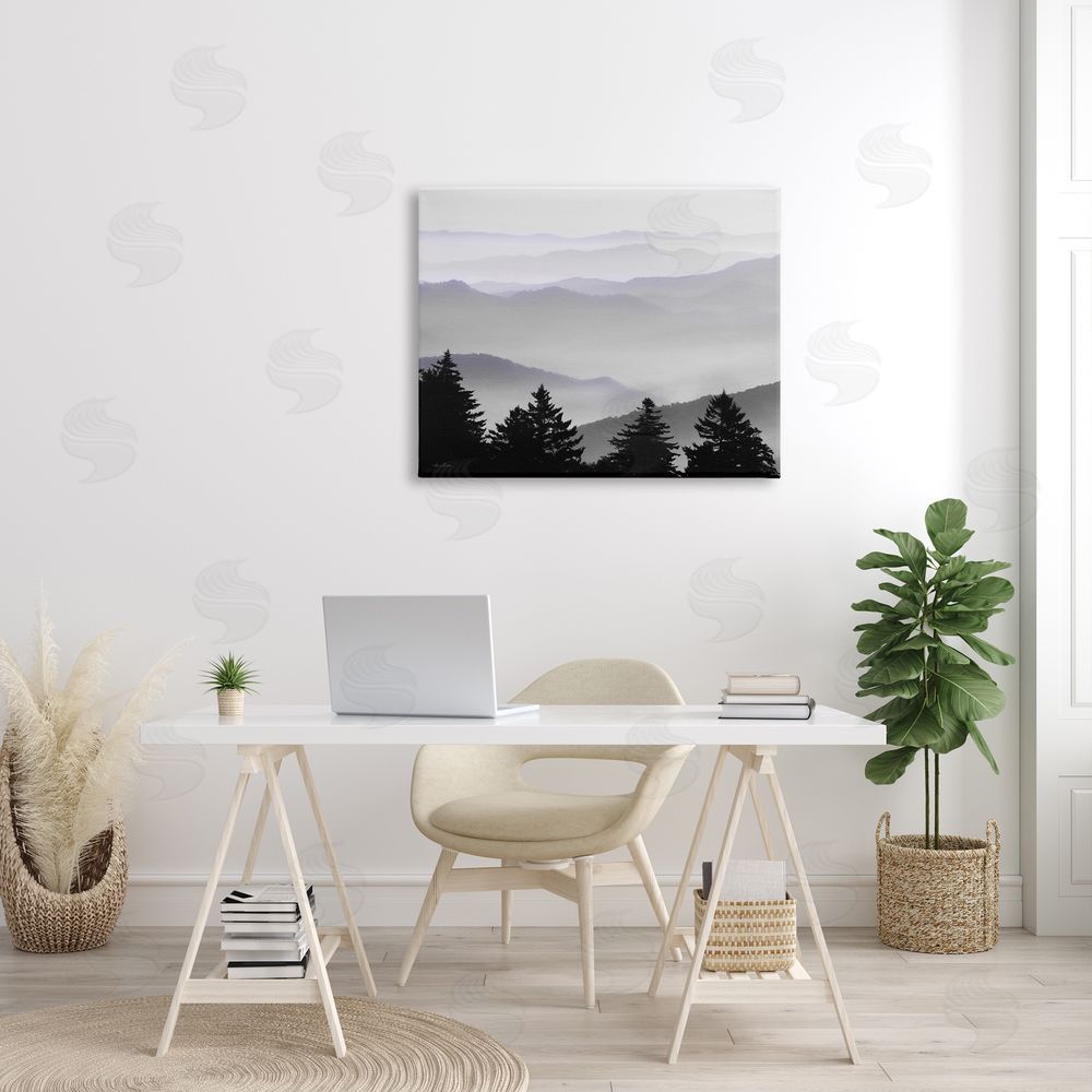 Lori Deiter Pine Trees Silhouettes Foggy Mountain Range Peaks Canvas Wall Art Print in Room