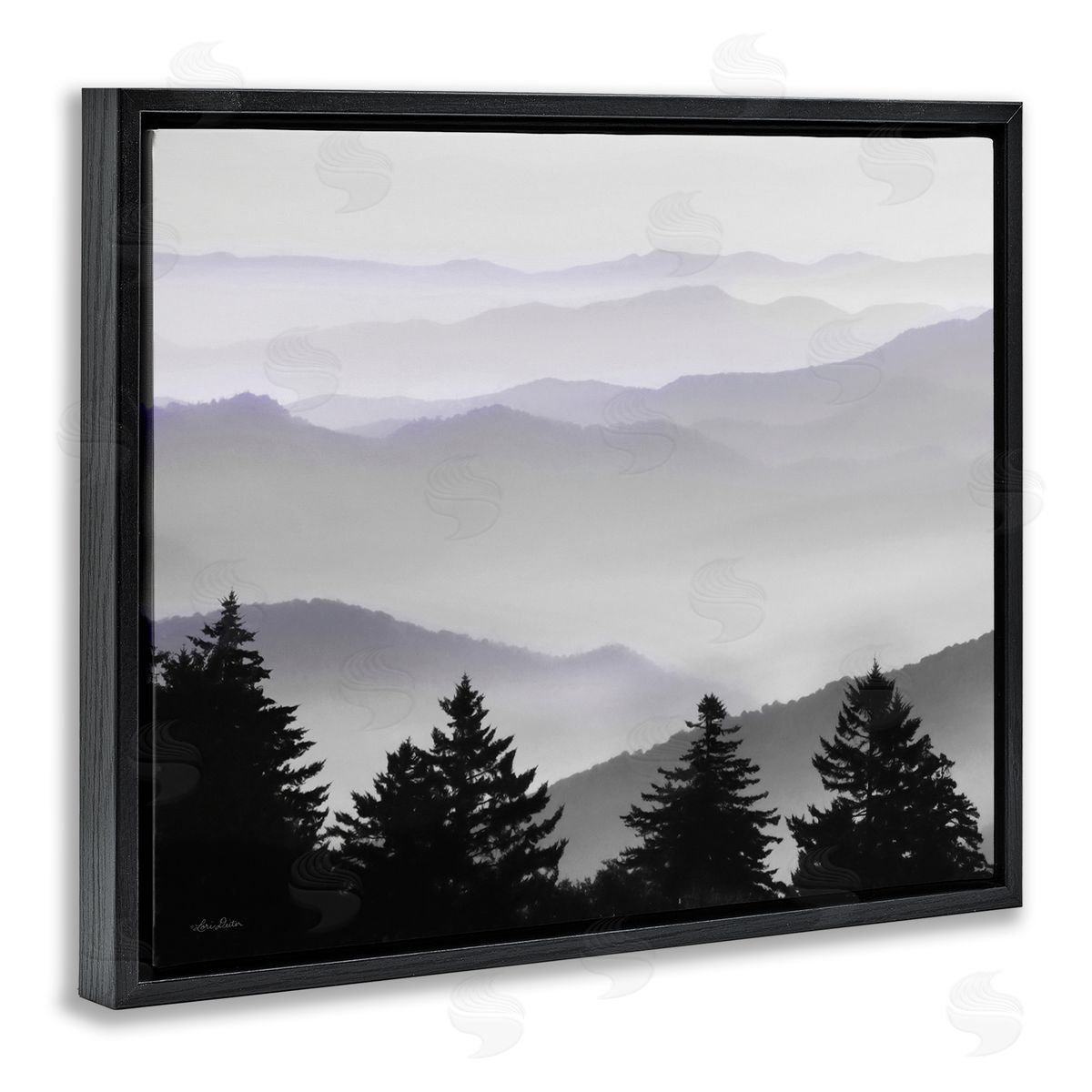 Lori Deiter Pine Trees Silhouettes Foggy Mountain Range Peaks Black Floating Frame Canvas Wall Art Print