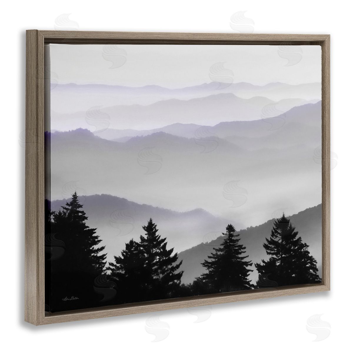 Lori Deiter Pine Trees Silhouettes Foggy Mountain Range Peaks Brown Floating Frame Canvas Wall Art Print