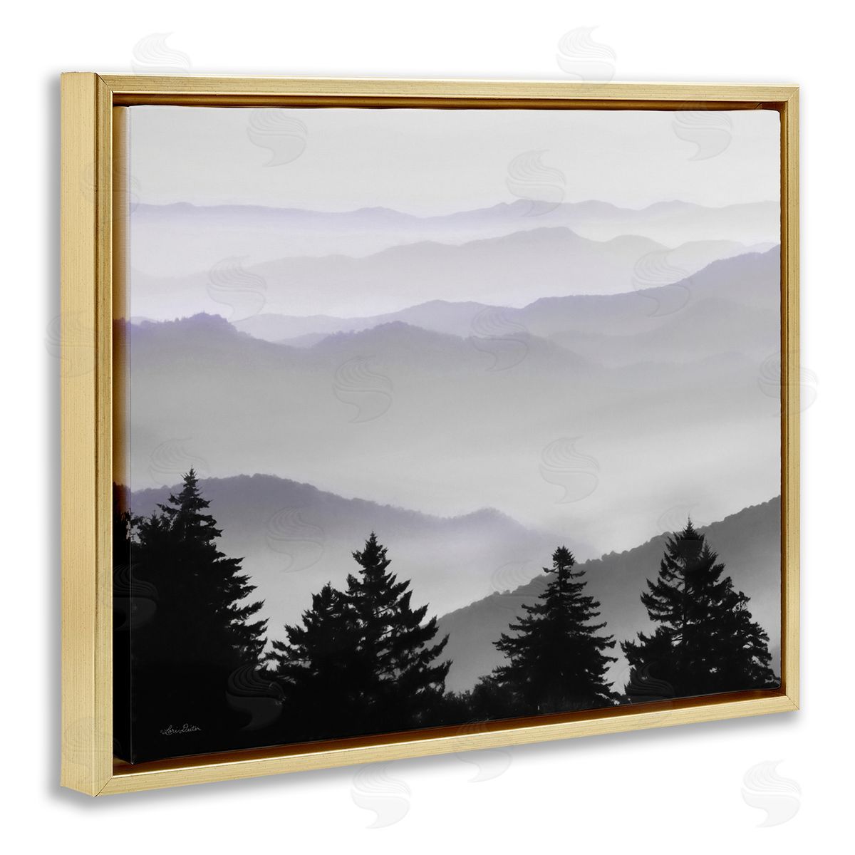 Lori Deiter Pine Trees Silhouettes Foggy Mountain Range Peaks Gold Floating Frame Canvas Wall Art Print