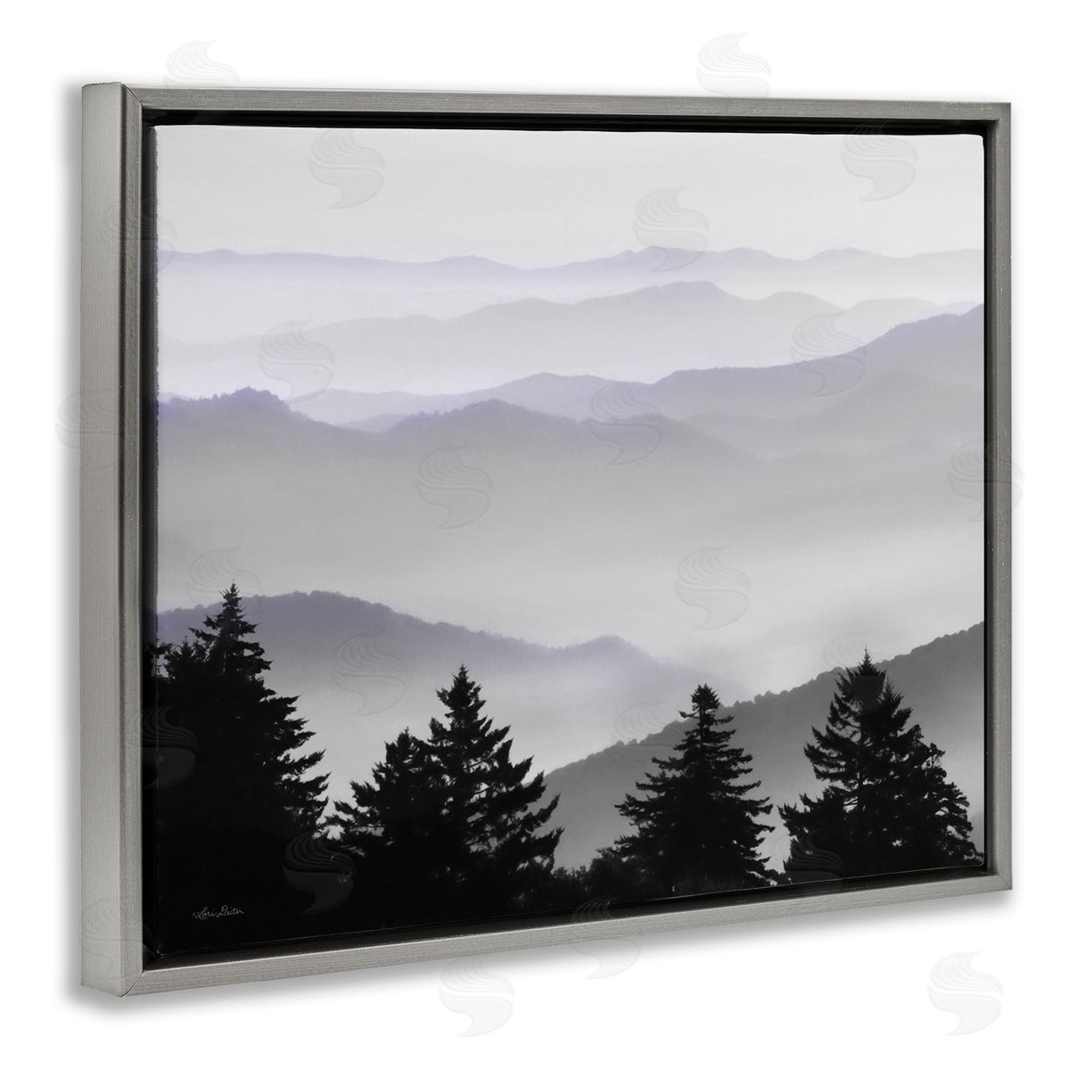 Lori Deiter Pine Trees Silhouettes Foggy Mountain Range Peaks Gray Floating Frame Canvas Wall Art Print