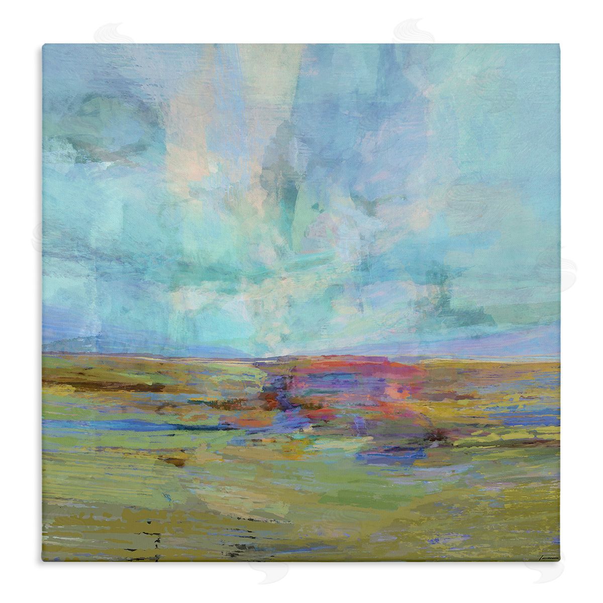 Michael Tienhaara Layered Abstract Grassland Scene Luminous Blue Sky Stretched Canvas Wall Art Print
