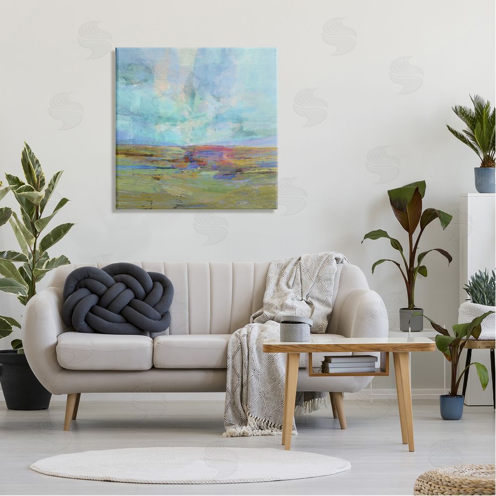 Michael Tienhaara Layered Abstract Grassland Scene Luminous Blue Sky Canvas Wall Art in Room