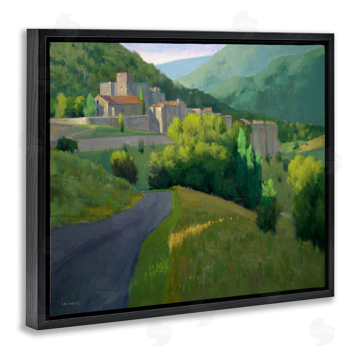 Ian Roberts Winding Road Path Distant Rural Farm Town  Black Floating Frame Canvas Wall Art Print