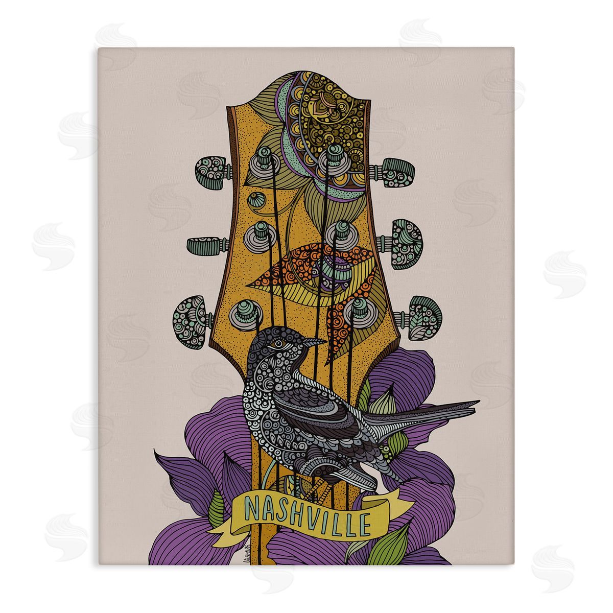 Valentina Harper Intricate Nashville Guitar Floral Patterned Bird Perched Stretched Canvas Wall Art Print