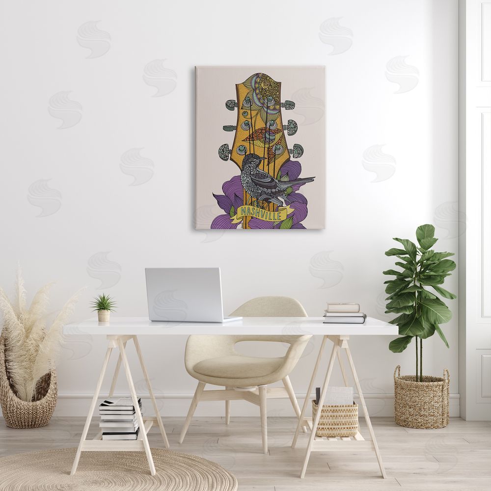 Valentina Harper Intricate Nashville Guitar Floral Patterned Bird Perched Canvas Wall Art Print in Room