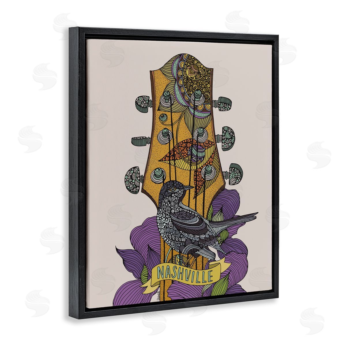 Valentina Harper Intricate Nashville Guitar Floral Patterned Bird Perched Black Floating Frame Canvas Wall Art Print