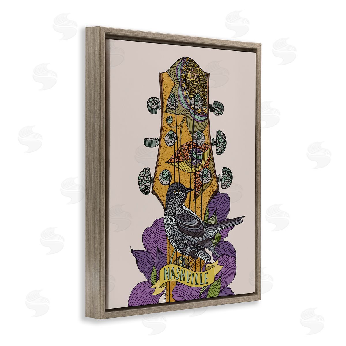 Valentina Harper Intricate Nashville Guitar Floral Patterned Bird Perched Brown Floating Frame Canvas Wall Art Print