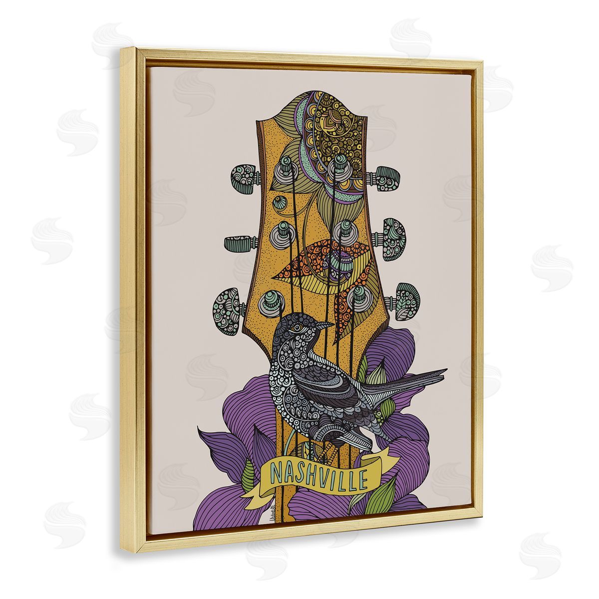 Valentina Harper Intricate Nashville Guitar Floral Patterned Bird Perched Gold Floating Frame Canvas Wall Art Print