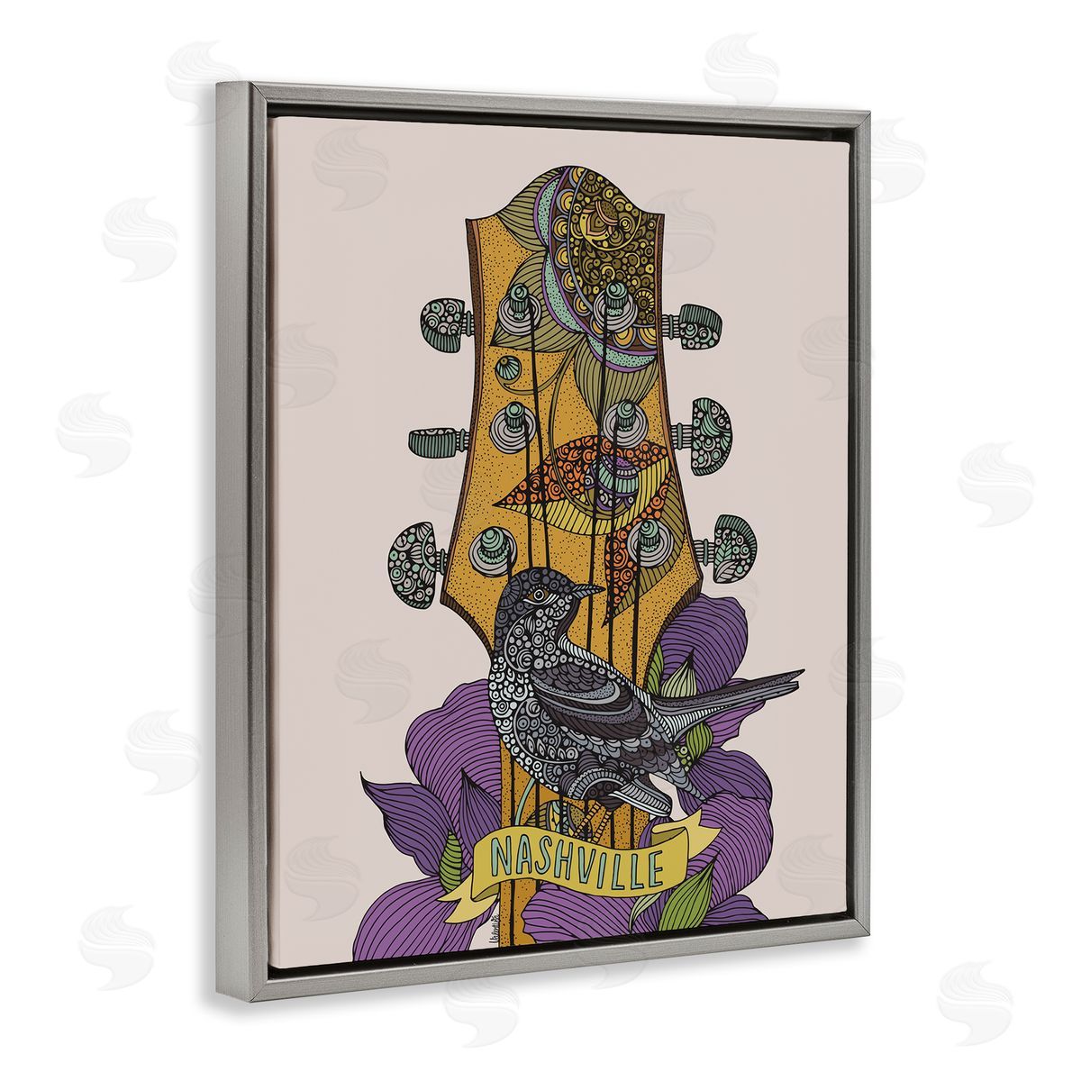 Valentina Harper Intricate Nashville Guitar Floral Patterned Bird Perched Gray Floating Frame Canvas Wall Art Print