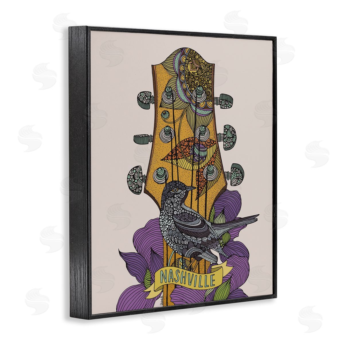 Valentina Harper Intricate Nashville Guitar Floral Patterned Bird Perched Black Framed Giclee Wall Art Print