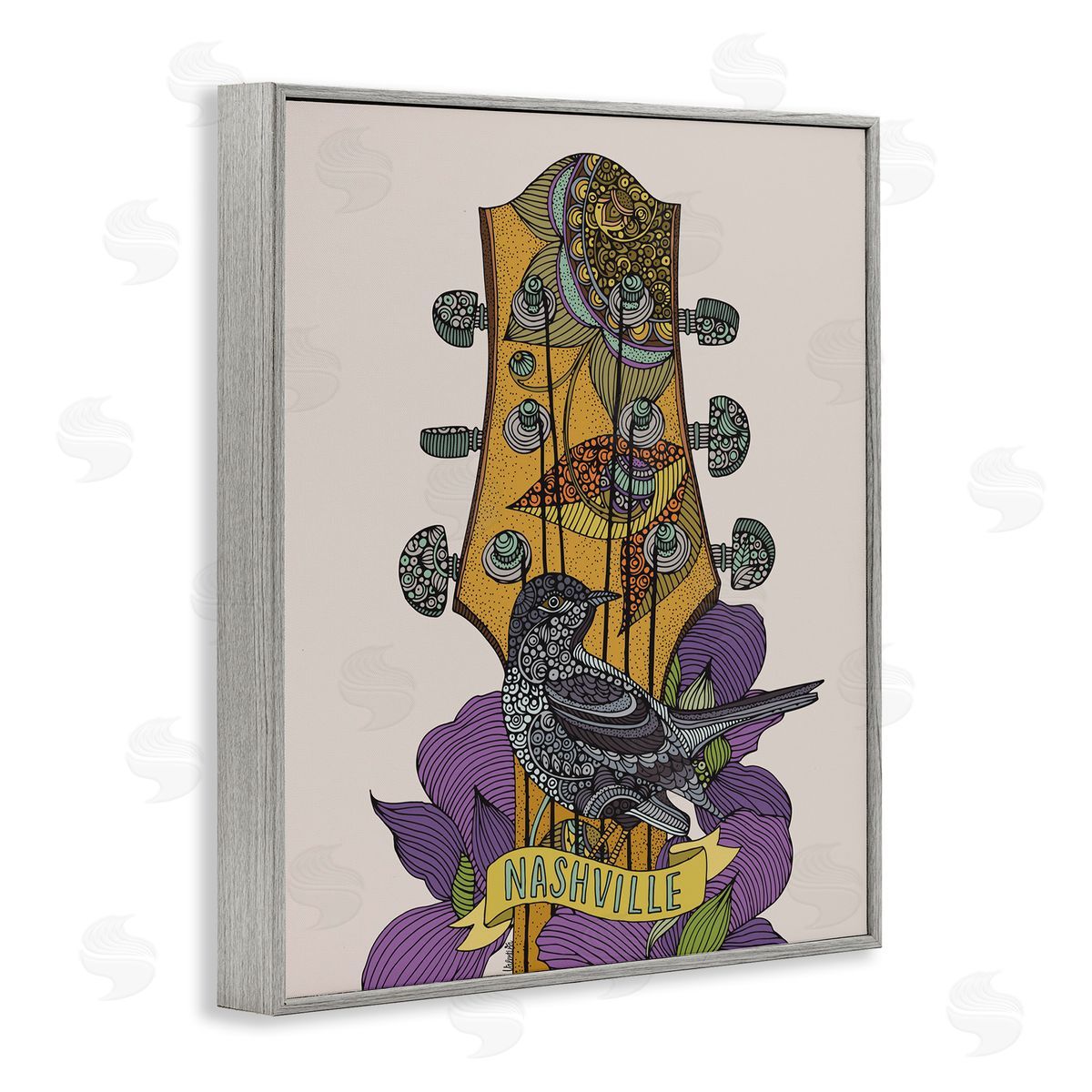 Valentina Harper Intricate Nashville Guitar Floral Patterned Bird Perched Gray Framed Giclee Wall Art Print