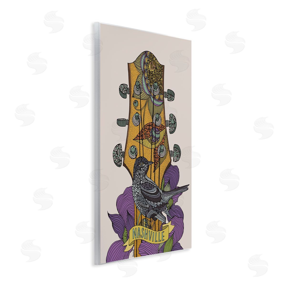 Valentina Harper Intricate Nashville Guitar Floral Patterned Bird Perched Wall Plaque Art Print